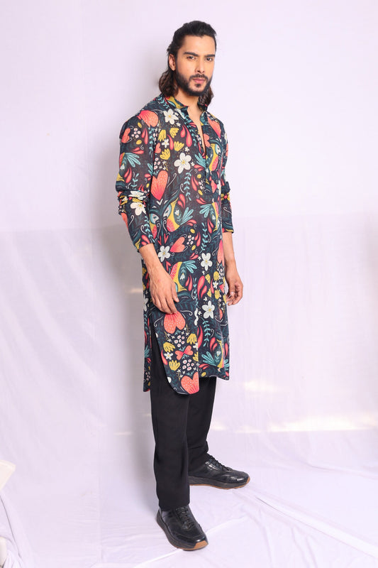 MULTI COLOR , HANDLOOM BRUCE RETRO FLORAL KING PRINT KURTA WITH PAJAMA