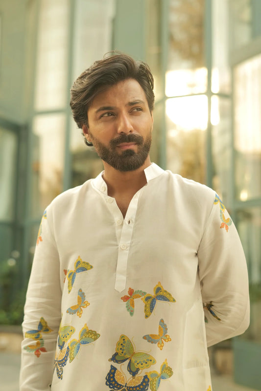 WHITE BUTTERFLY PRINTED KURTA