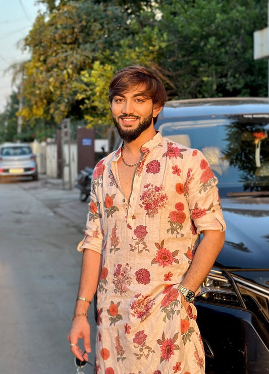 IVORY ROSE PRINTED KURTA PAJAMA SET FOR MEN'S