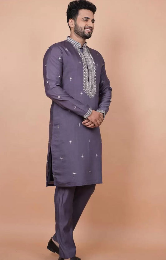 FLORAL EMBROIDERED THREAD WORK MANDARIN COLLAR KURTA WITH TROUSERS