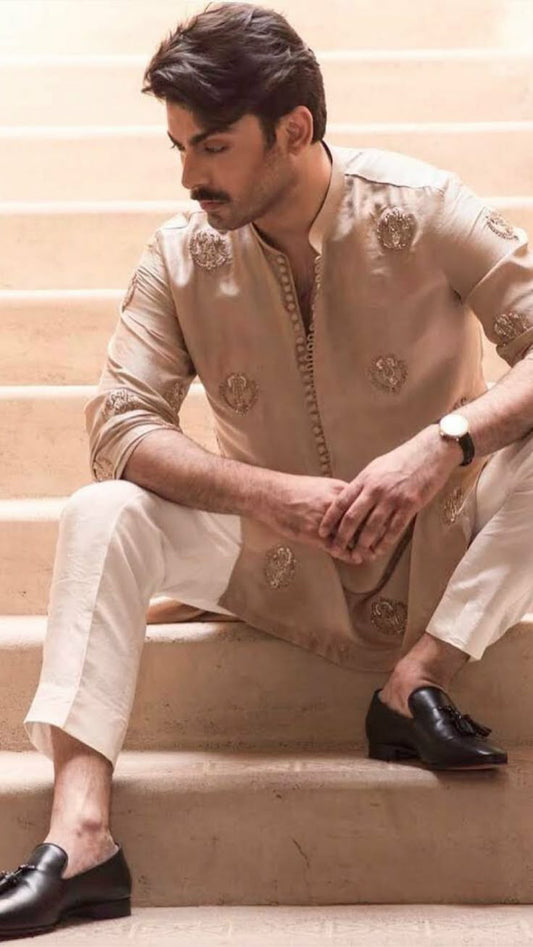 MID CREAM EMBROIDERY WORK MEN'S KURTA