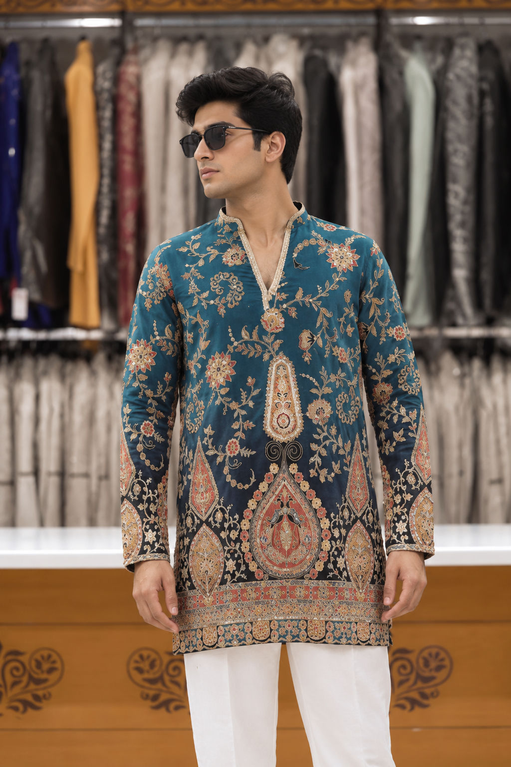 ROYAL TEAL BLUE EMBROIDERED Kurta Set for Men | Wedding & Festive Wear
