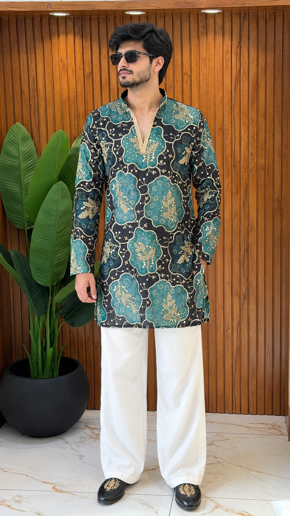 ROYAL FESTIVE DESIGNER SHORT KURTA WITH WHITE WIDE-LEG TROUSERS