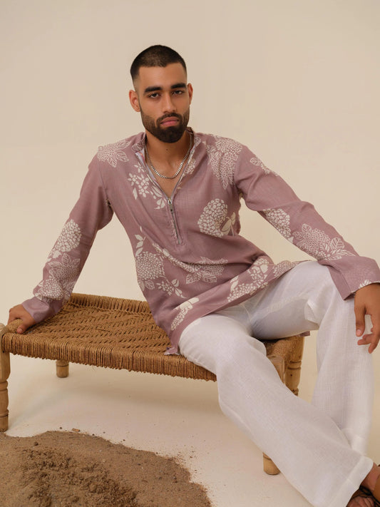 MULMUL MEN'S PINK KURTA IN ZIPPER