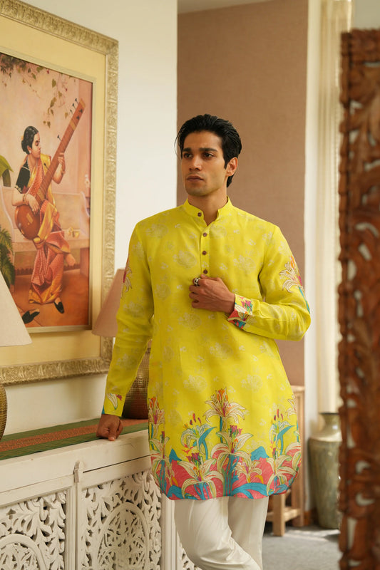 CITRUS SPLASH YELLOW CAMELLIA FLOWER KURTA