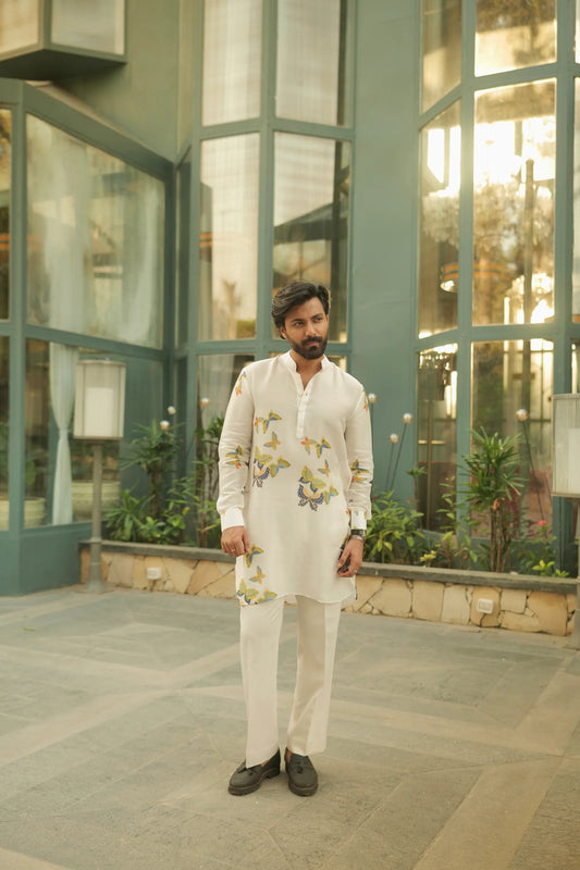 WHITE BUTTERFLY PRINTED KURTA