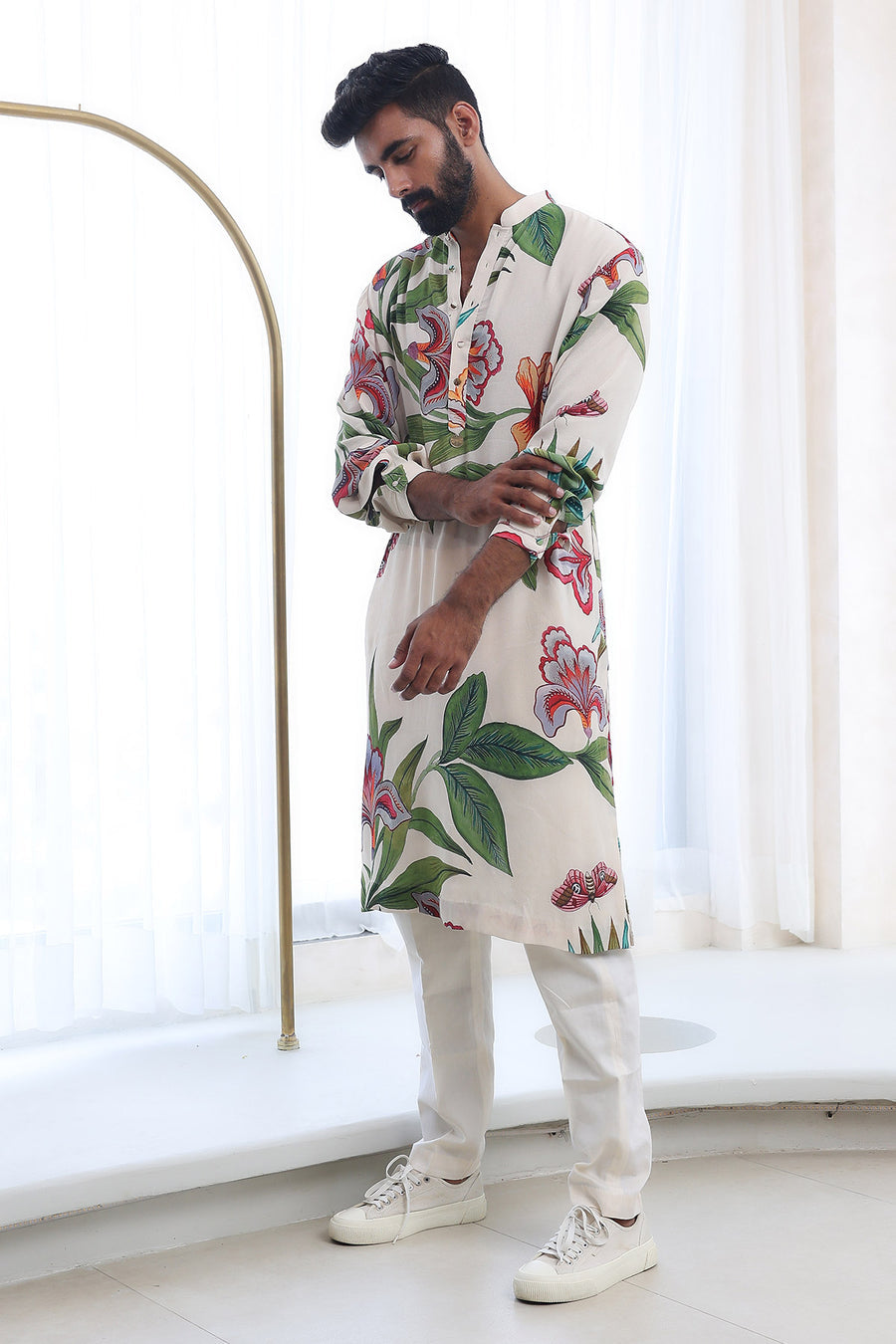 IVORY MODAL, COTTON EMBROIDERY STRAIGHT PRINTED KURTA PANT SET