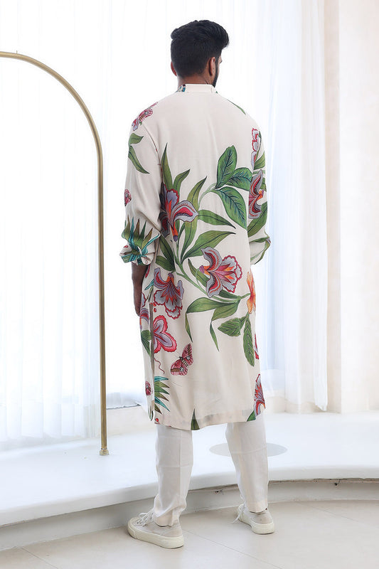 IVORY MODAL, COTTON EMBROIDERY STRAIGHT PRINTED KURTA PANT SET