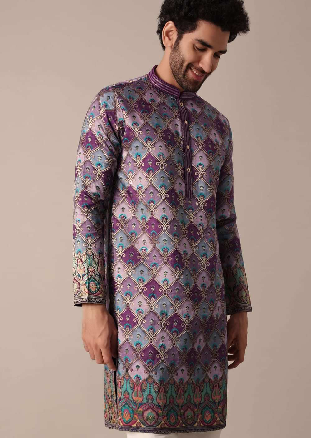 FESTIVE PURPLE SILK DAMAN PRINT MEN KURTA SET