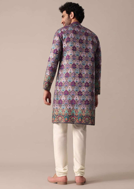 FESTIVE PURPLE SILK DAMAN PRINT MEN KURTA SET