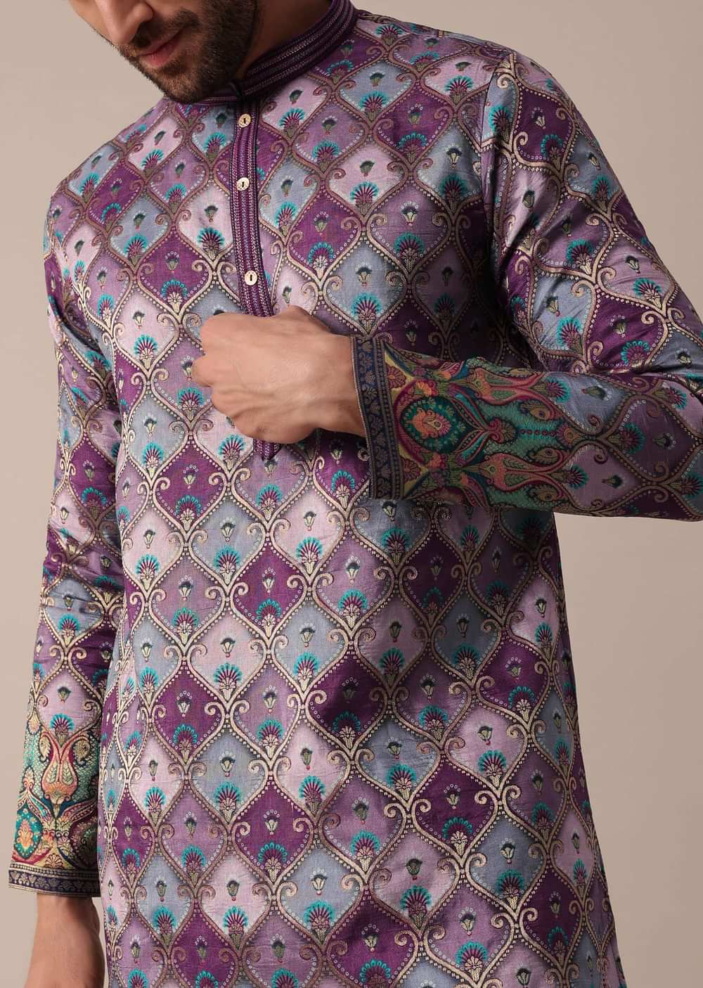 FESTIVE PURPLE SILK DAMAN PRINT MEN KURTA SET