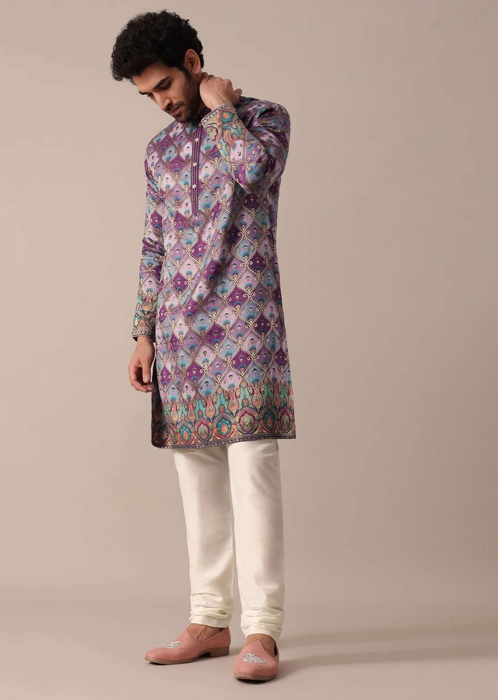 FESTIVE PURPLE SILK DAMAN PRINT MEN KURTA SET