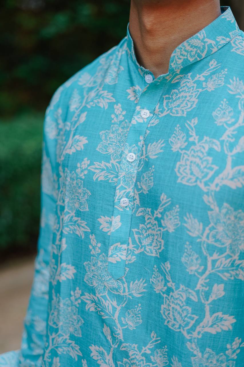KING MINT GREEN PRINTED KURTA WITH PAJAMA SET FOR MEN