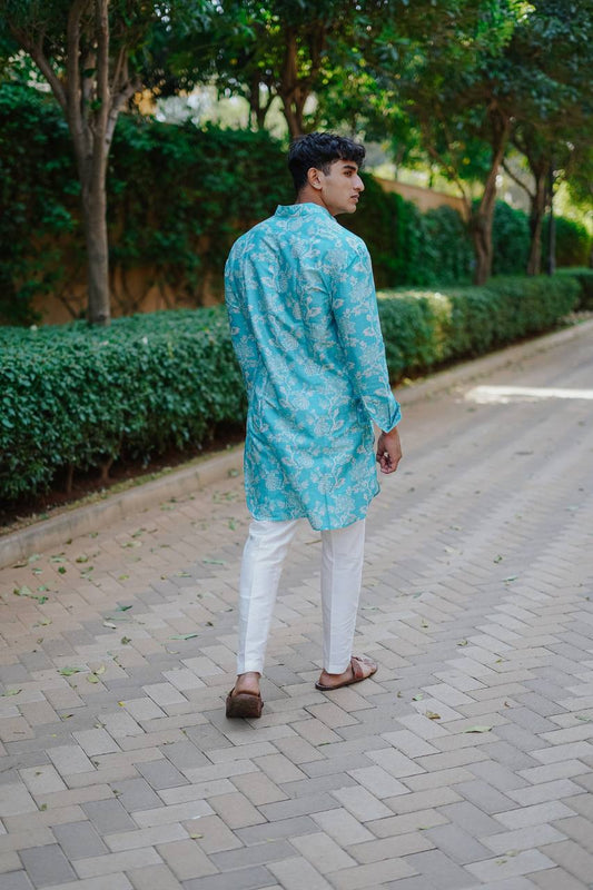 KING MINT GREEN PRINTED KURTA WITH PAJAMA SET FOR MEN