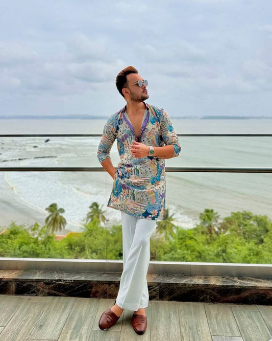 STOEM GREY MIX FLOWER PRINTED KURTA SET