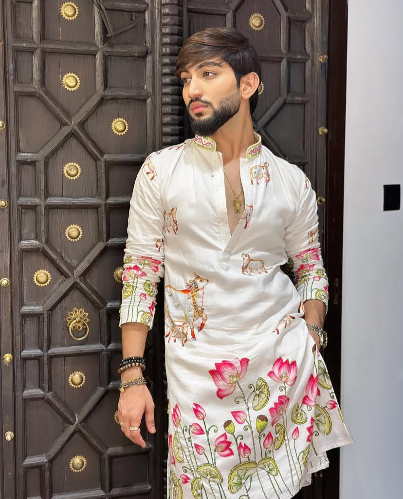 WHITE COW WITH LOTUS PRINTED KURTA SET