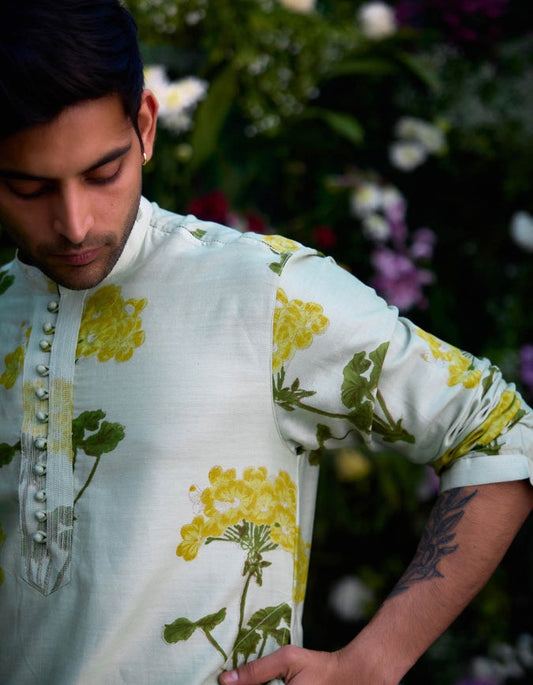 THE ROYAL MISS GREEN CHANDERI EMBROIDERY HAND BLOCK PRINT KURTA AND TROUSER SET