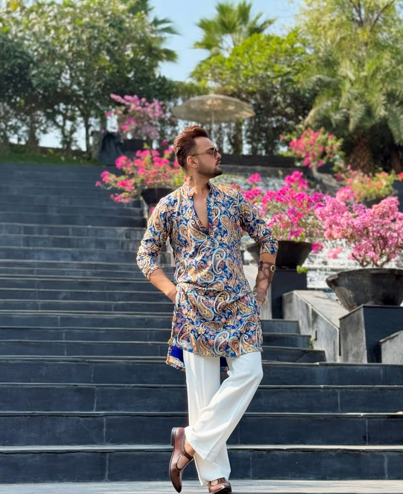 JAIPUR BLUE PRINTED KURTA PAJAMA SET FOR MEN'S