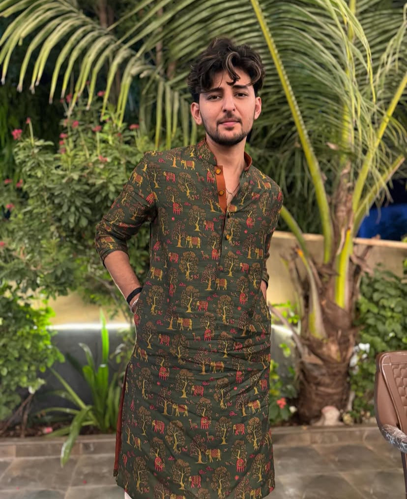 OLIVE GREEN PRINTED KURTA PAJAMA SET