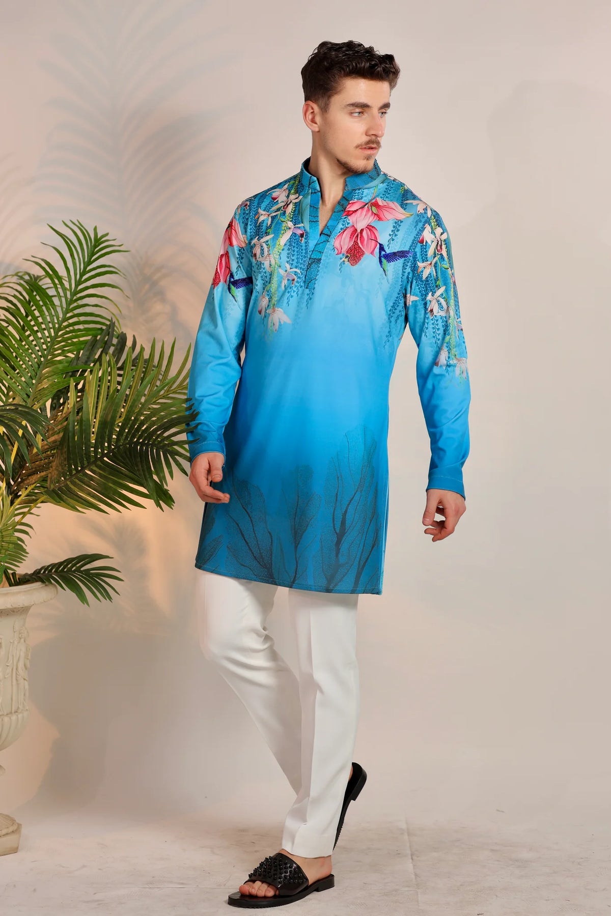 Men's Blue Floral Printed Kurta