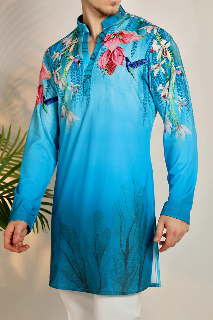 Men's Blue Floral Printed Kurta
