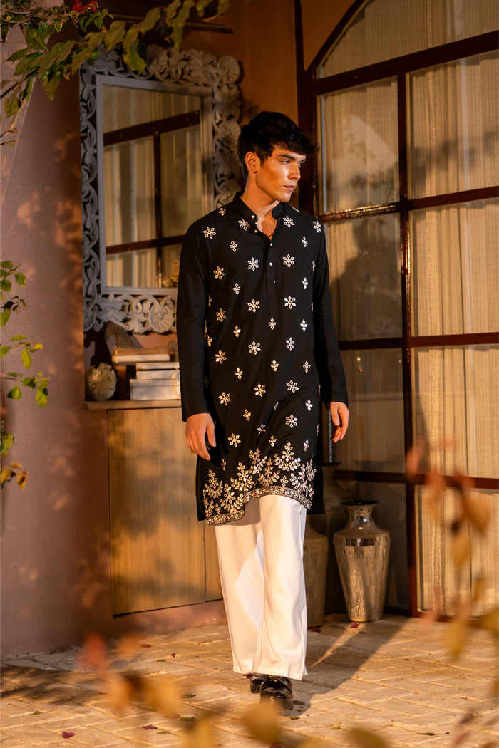 Black Cotton Blend Gold Patran Work KURTA
