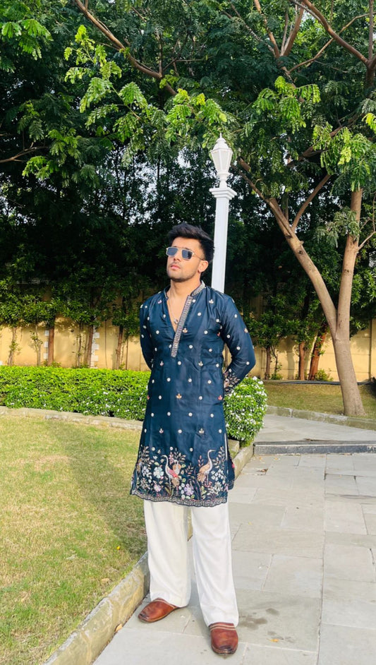MEN'S BLUE KENZO BEAD WORK EMBROIDERED KURTA SET